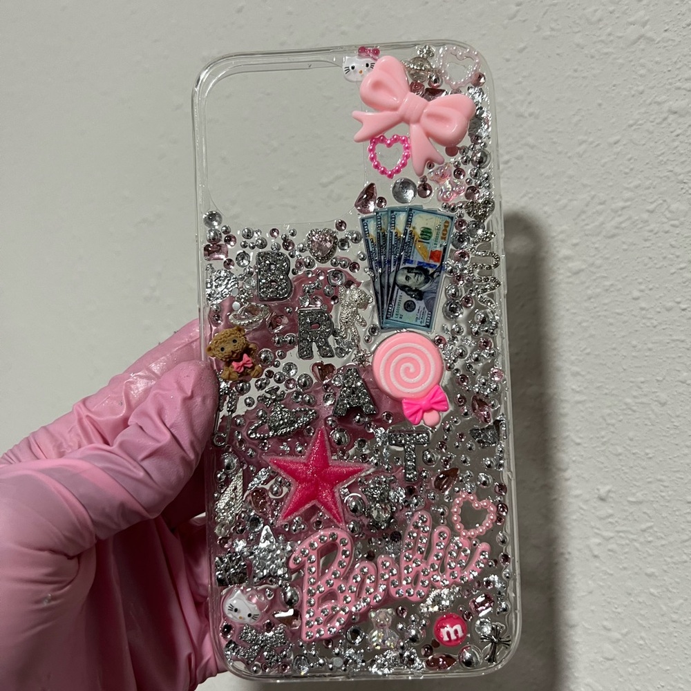 Glamorous Pink and Silver Embellished Phone Case for iPhone 15 pro max